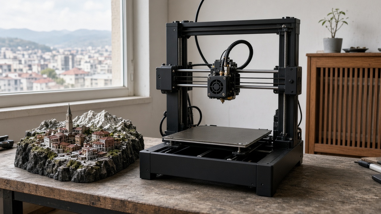 Desktop 3D printer in a Sofia workshop beside a mountain-edge city model and a radiator cover
