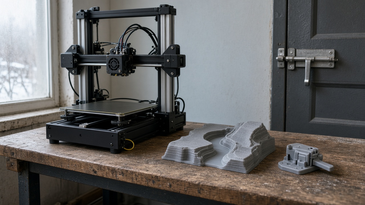 Desktop 3D printer in a Ufa workshop beside a river-bank model and a door latch