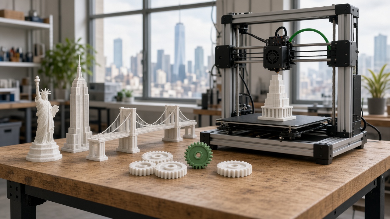 Imprimante 3D de bureau dans un atelier new-yorkais, à côté de maquettes imprimées de la statue de la Liberté, de l'Empire State Building et du pont de Brooklyn