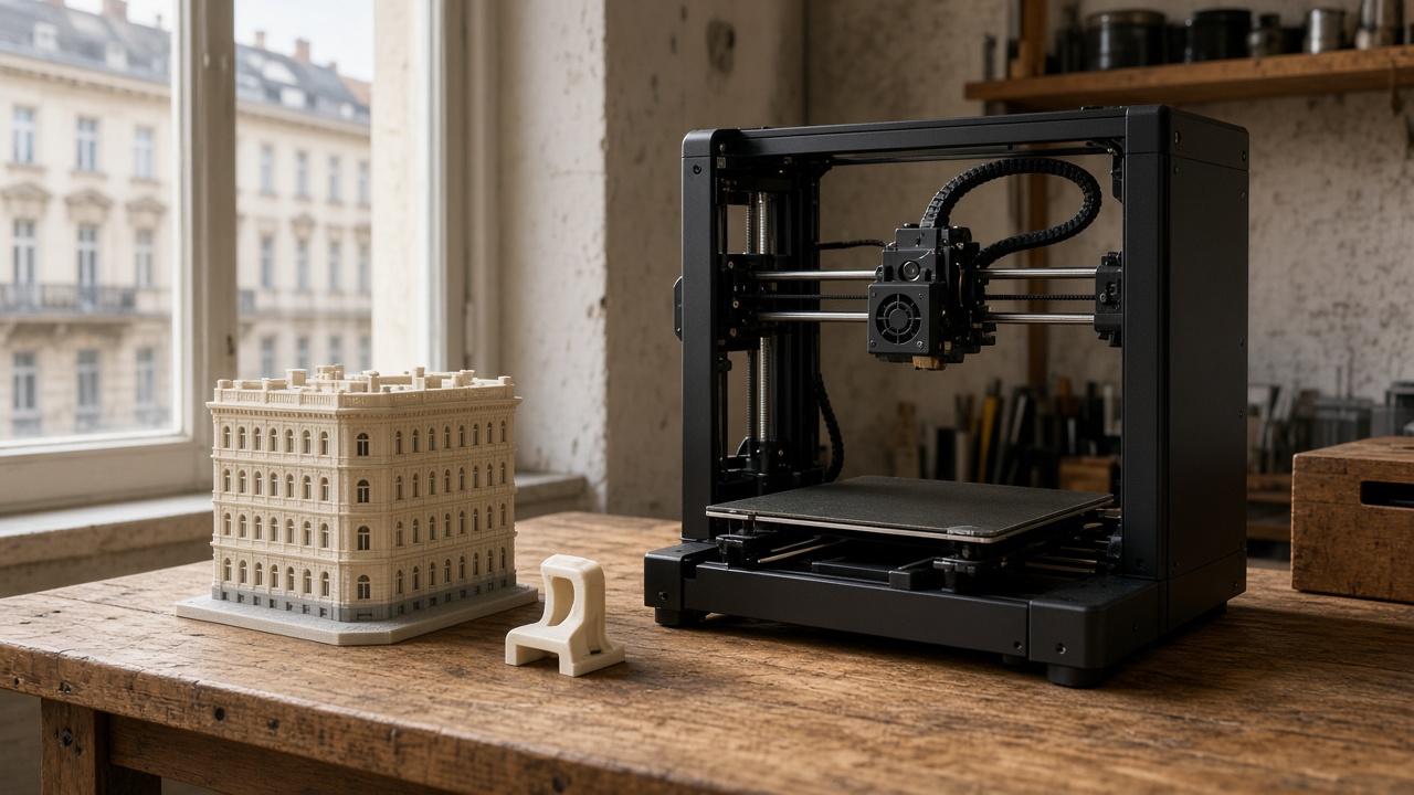 Desktop 3D printer in a Vienna workshop beside a ring-street building model and a tray clip