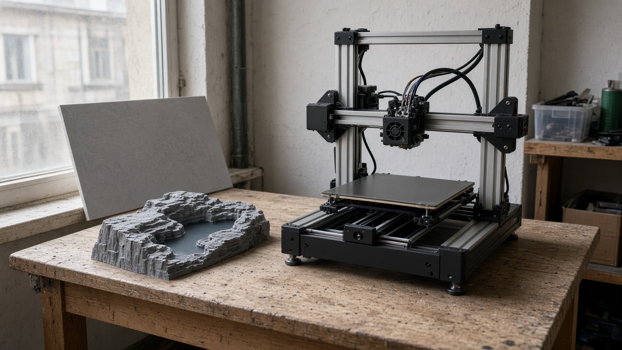 Desktop 3D printer in a Voronezh workshop beside a reservoir-shore model and a window cover
