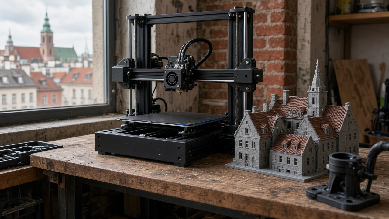 Desktop 3D printer in a Warsaw workshop beside an old-town roof model and a bicycle bracket