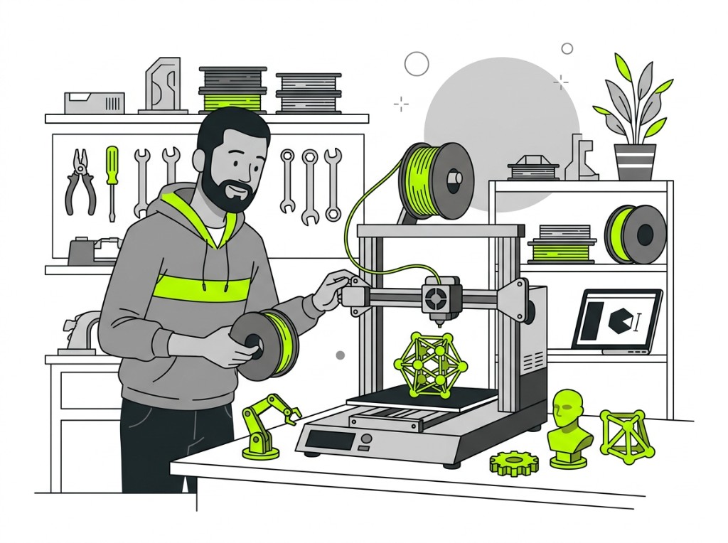 Illustration d'un maker configurant une imprimante 3D dans un Fab Lab