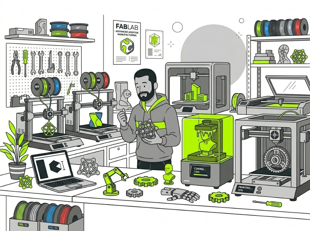 Illustration d'un atelier Fab Lab avec imprimantes 3D et prototypes